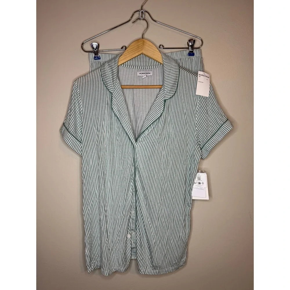 Nordstrom Womens XS Green White Skinny Stripe Modal Pajama Set 2PC NWT